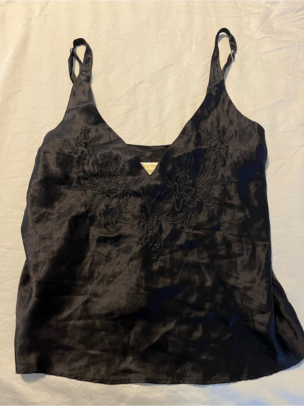 Vintage Victoria’s Secret 100% Silk Black Embroidered Satin Cami Top Size Small